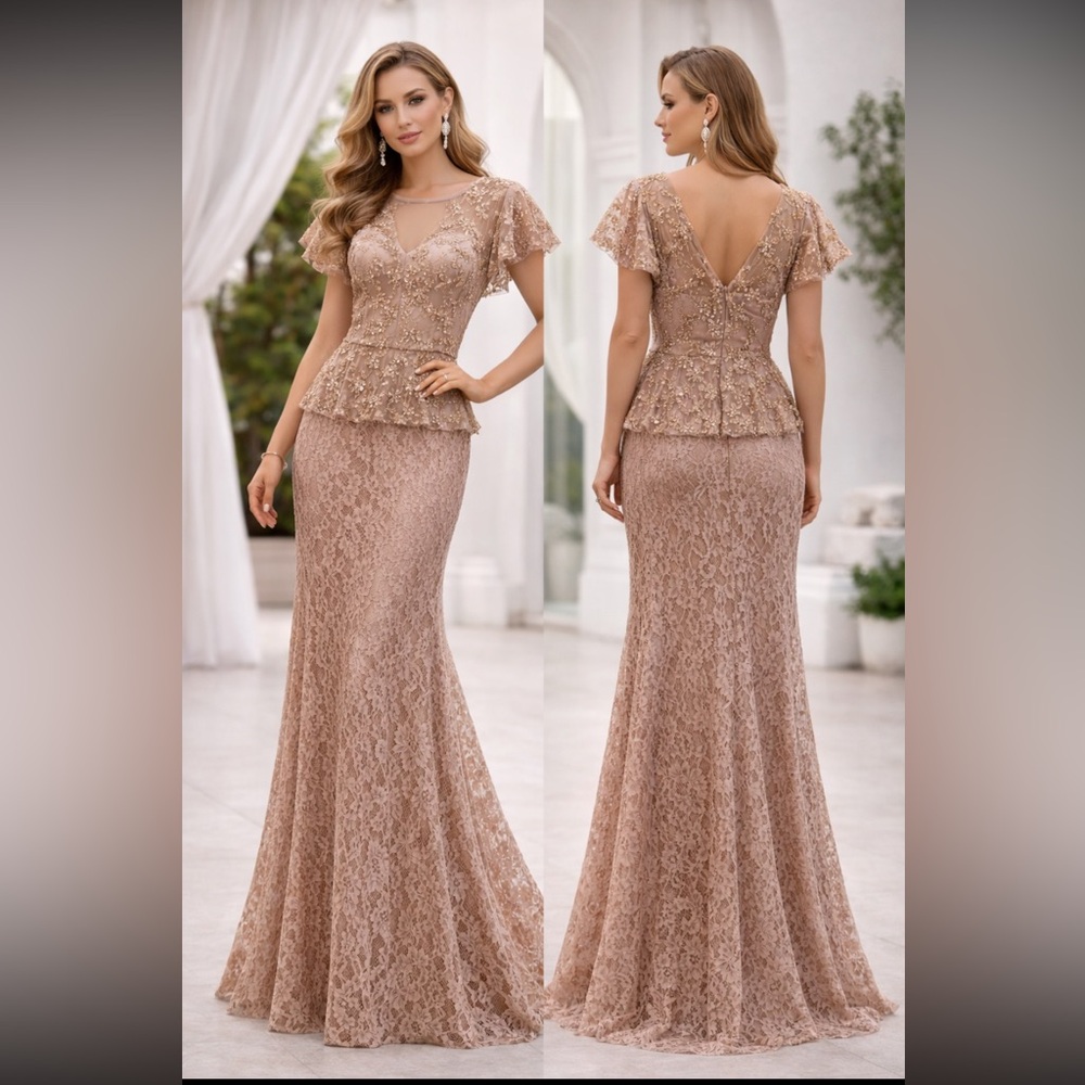 JS Collections Blush Lace Peplum Evening Gown with Beaded Appliqué